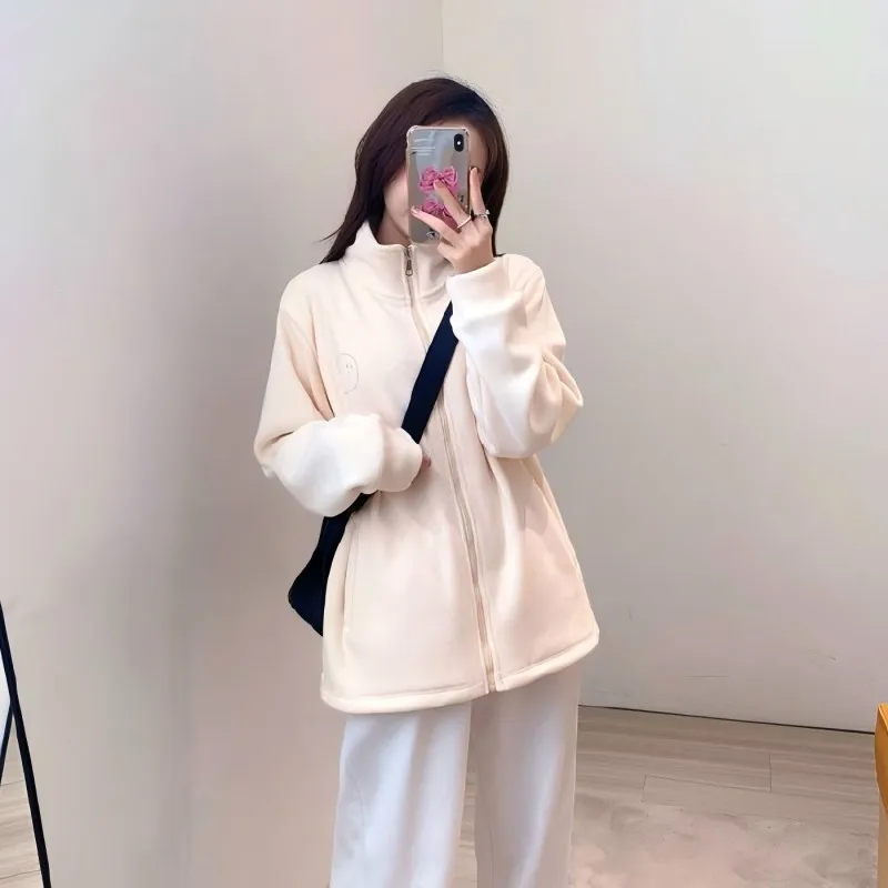 CGC Fashion Warm Lambswool Sweatshirts 2025 Harajuku Zip-Up Hoodies Women Solid Loose Pullovers Autumn Winter Female Clothing