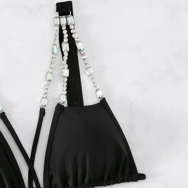 럭셔리 다이아몬드 체인 비키니 반짝 이는 라인 석 두 조각 수영복 2025 새로운 높은 허리 수영복 크로스 붕대 수영복 여름