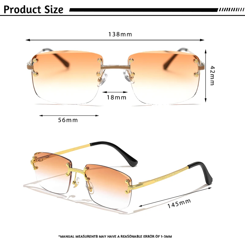 CATERSIDE Metal Rimless Frame Gradient Men\'s Sunglasses Punk Luxury Women Eyewear Small Rectangle Sun Glasses for UV400 Driving