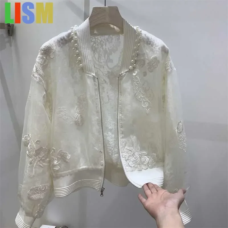 

LISM Mesh Perspective jacket round Neck Baseball Shirt Embroidery Beads Design Full Sleeve Women's Outerwear 2025 clothing
