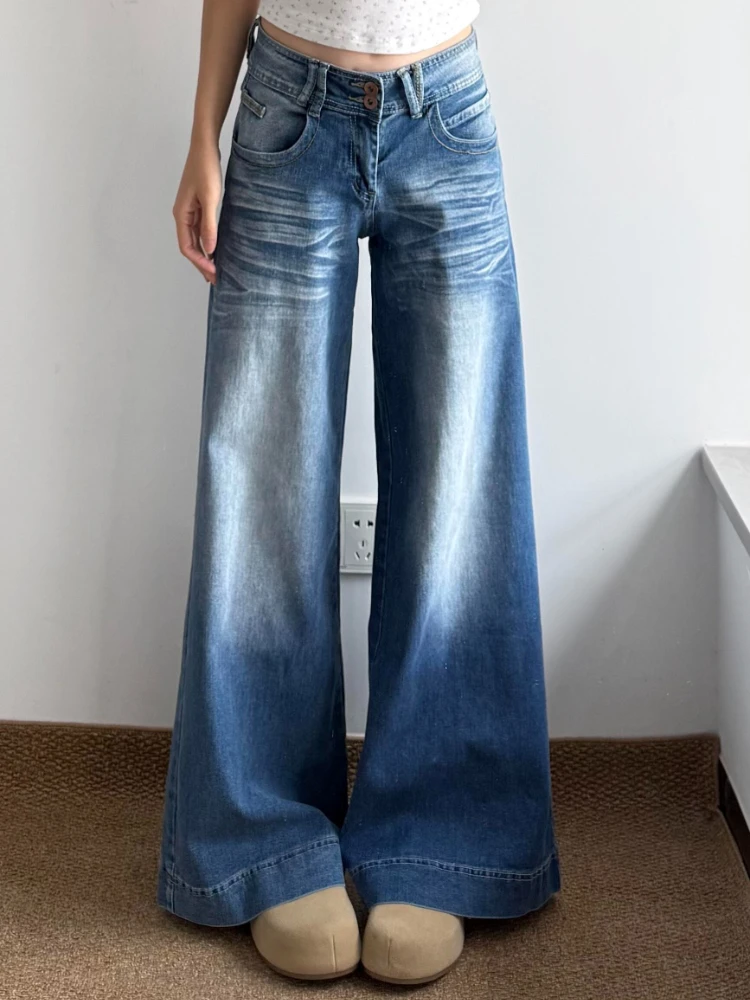 2026 Autumn Low Waist Wide Leg Women Jeans New Blue Vintage Washed Draping Figure-flattering Straight Floor-Length Denim Pants