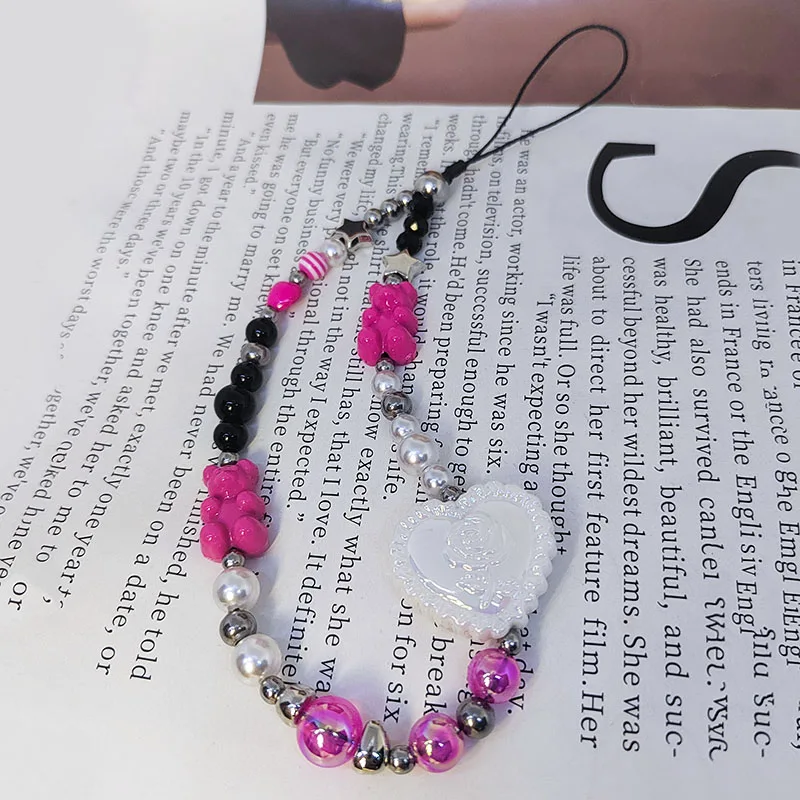 Heart Mobile Phone Charm Strap Chain Lanyard for Women Acrylic Bear Pear Glass Beads Hot Girls Rose Black Y2K Pendant Jewelry view 4