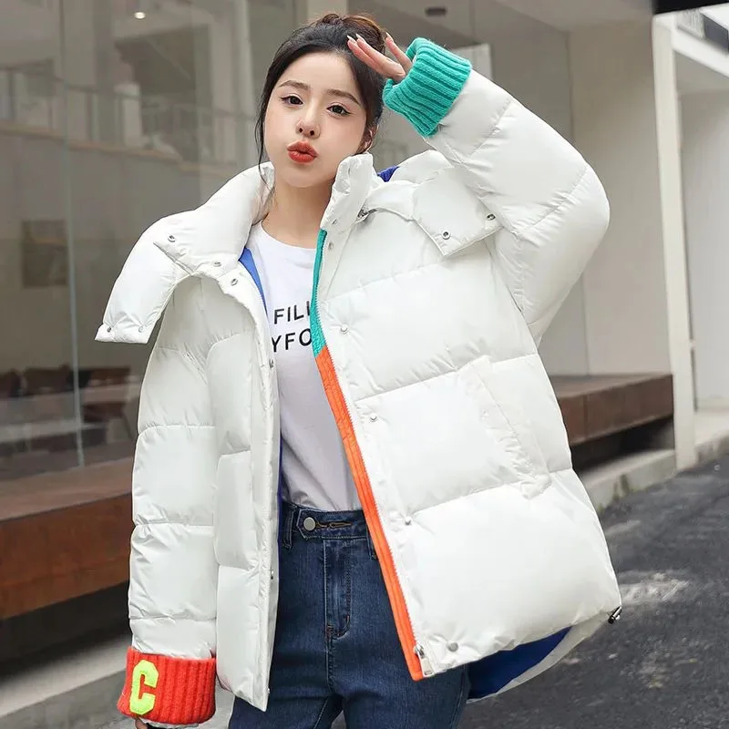 

Knitted Cuffs Letter Bread Down Cotton Coat 2023 Women Fashion Casual Short Jackets Hooded Loose Warm Female Outerwear