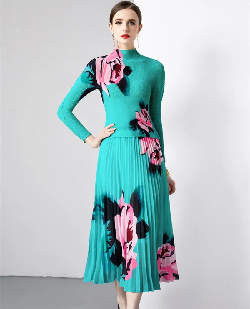 

Elegant Autumn Miyake Two Piece Set For Women Stand Collar Green Flower Print Long Sleeve Tops + Floral Pleated Midi Skirt Suits