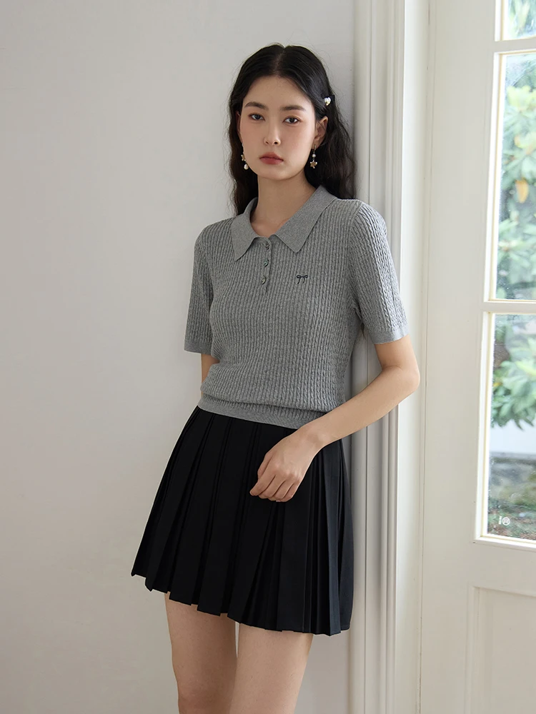 

DUSHU Grey Polo Neck Women Summer Knitted T-Shirts 100% Cotton Short Sleeve Solid Tees Female Knitwear 24DS82595