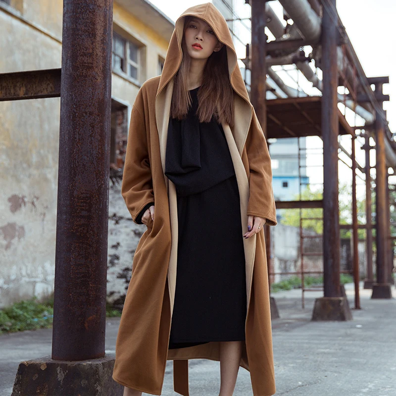 

Ultra-Long Double-Sided Color Hooded Woolen Coat Faion ow Sle Loose plus Size Straight Cut Pure Color Commute Artistic