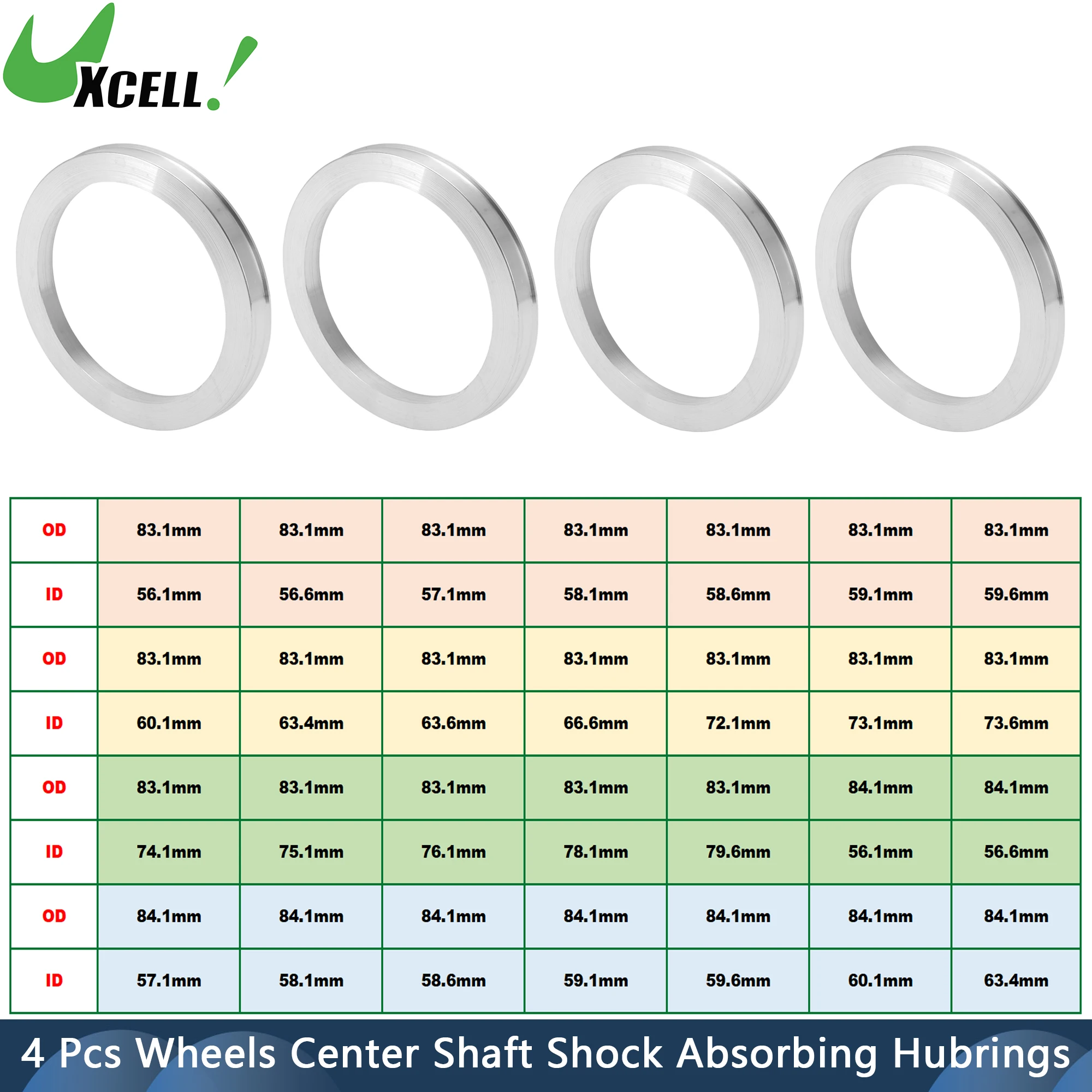 UXCELL 4pcs Car Wheel Hub Centric Ring OD 83.1mm to ID 56.1/58.1/63.4/66.6/73.1/79.6mm Wheels Center Shaft Shock Hubrings