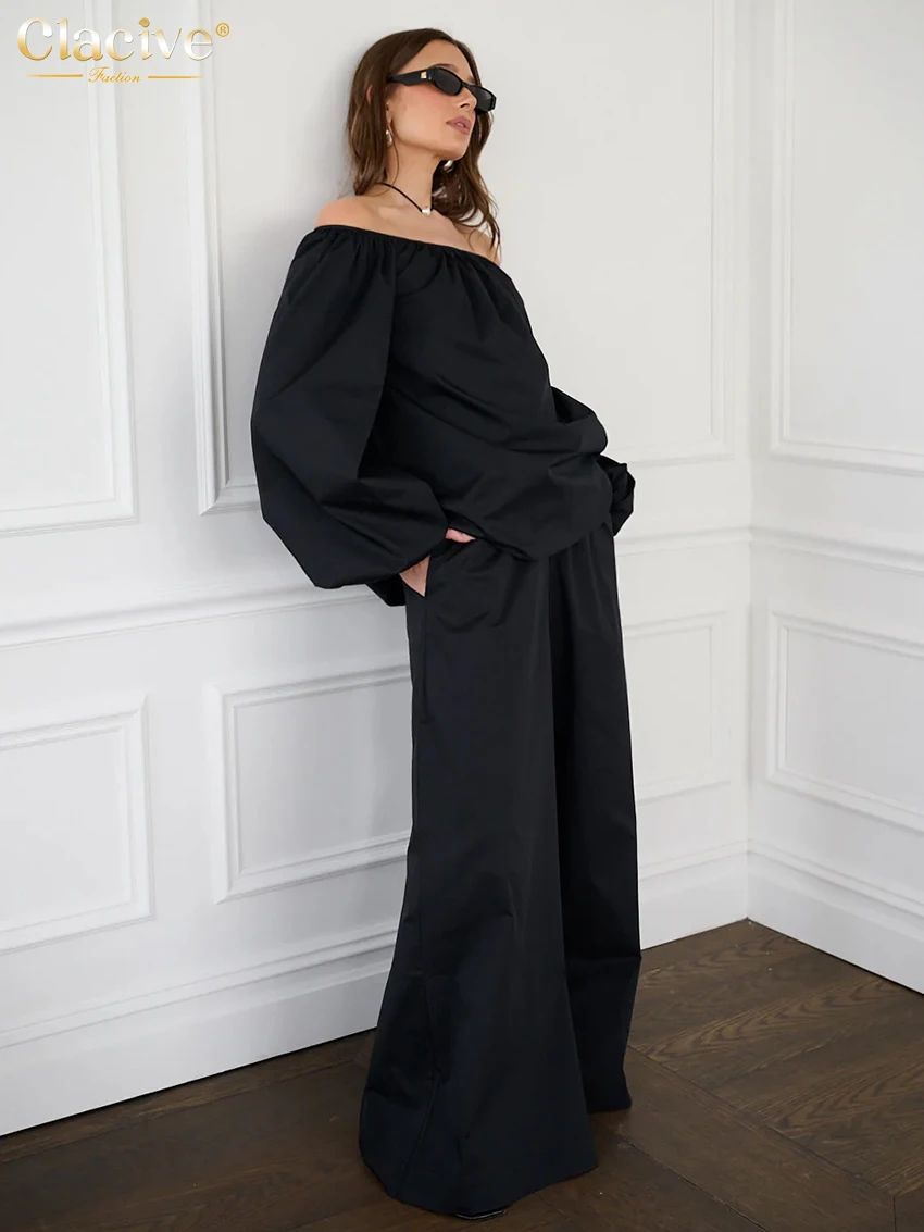 

Clacive Fashion Loose Black Cotton Women Two Pieces Set 2025 Elegant Long Sleeve Shirt With High Waist Wide Pants Set Streetwear