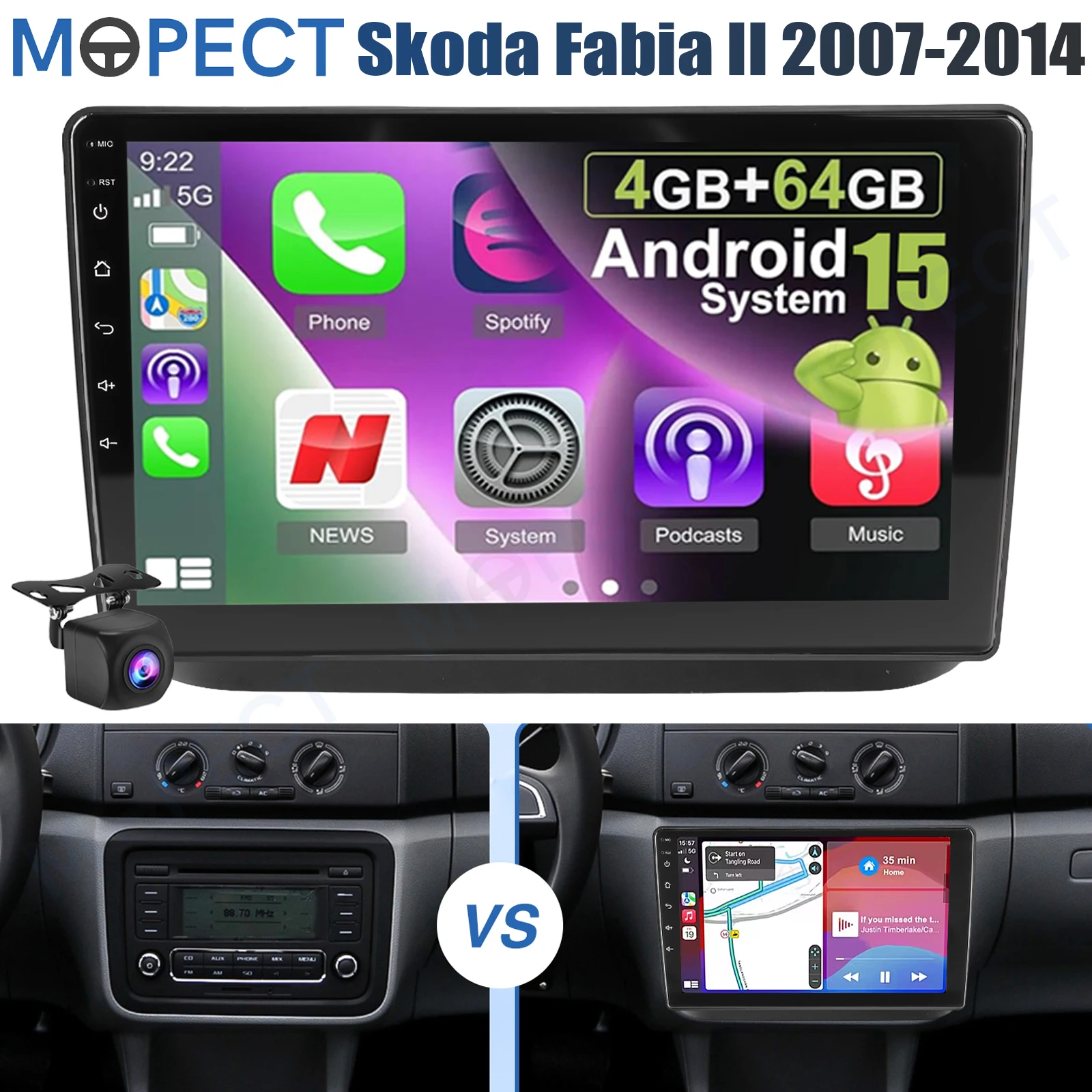 MOPECT 10 inch autoradio voor Skoda Fabia II 2007-2014 4+64GB Android 15.0 Carplay BT touchscreen AM/FM GPS navigatie SWC+DVR&AHD