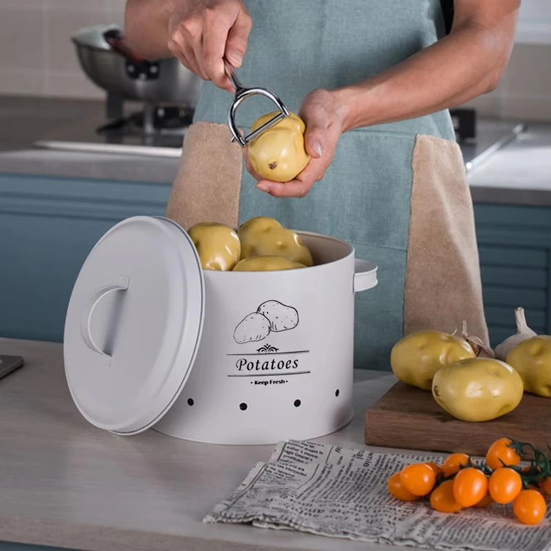 3Pcs Metal Storage Bucket Set with 360-Degree Ventilation System Large Capacity Multipurpose Garlic Potato Storage Box A-ABLL