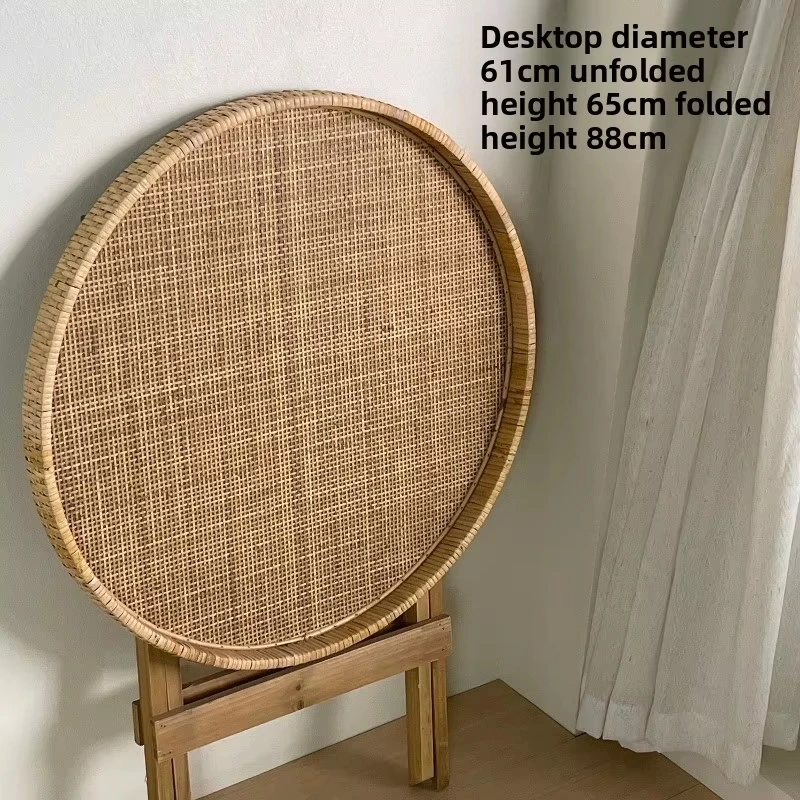 Vintage Round Rattan Folding Side Table 62cm Solid Wood Frame Boho Woven Cane Coffee Tea Table for Living Room Balcony