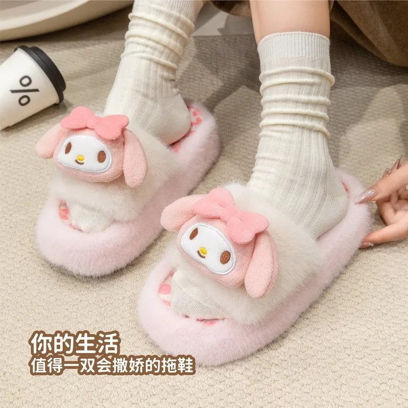 Cute Sanrio Kuromi Fluffy Platform Slides Women Leopard Print Soft Plush Warm Non-Slip Wear-Resistant Home Winter Slippers view 3