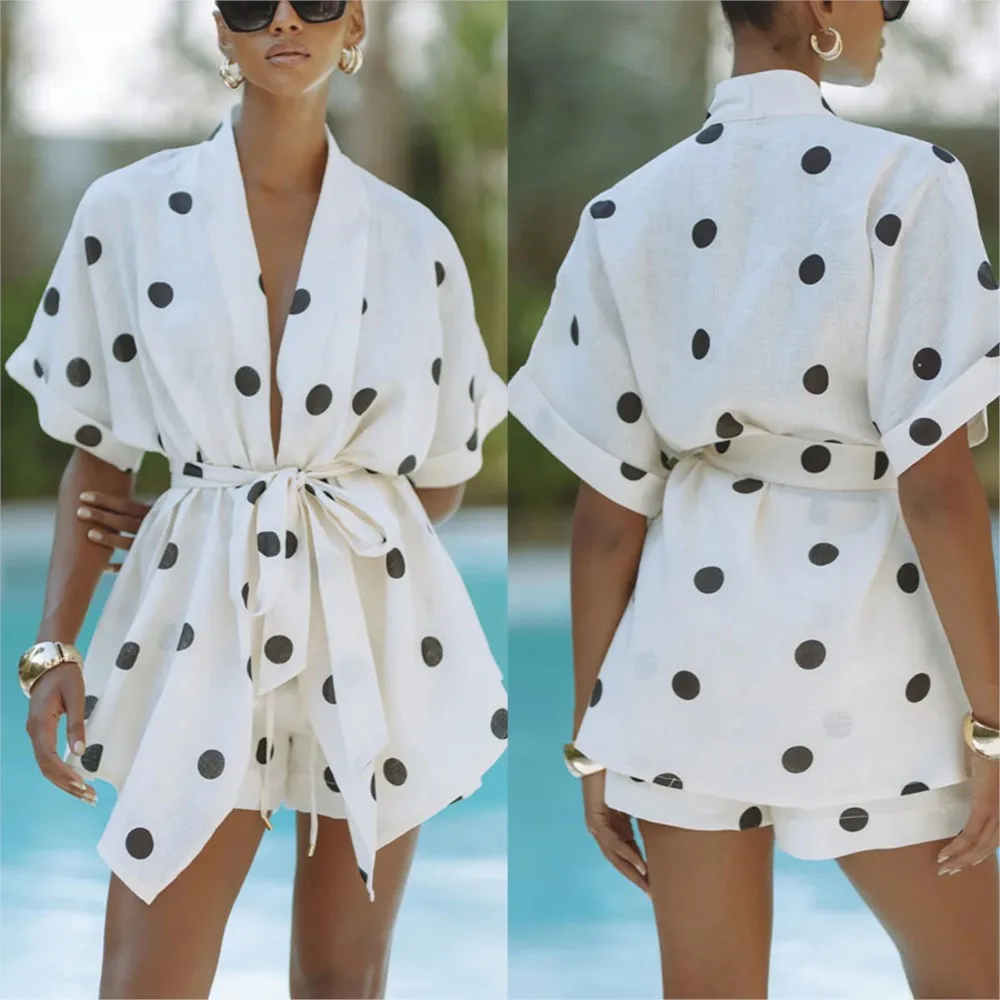 

2026 Casual Women's Matching Sets 2 Pieces Set For Woman Two Piece Outfit Simple Style Home Clothing Polka Dots Printed Vacation