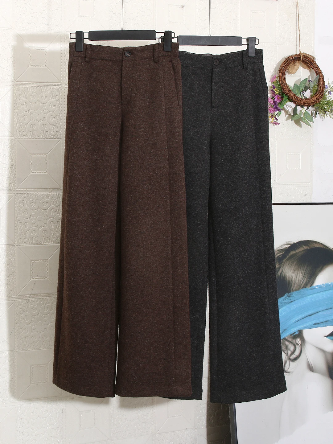 

Широкие брюки из смесовой шерсти с высокой талией, прямым кроем, эластичные повседневные брюки, нейтральные, со средней высотой талии, на пуговицах