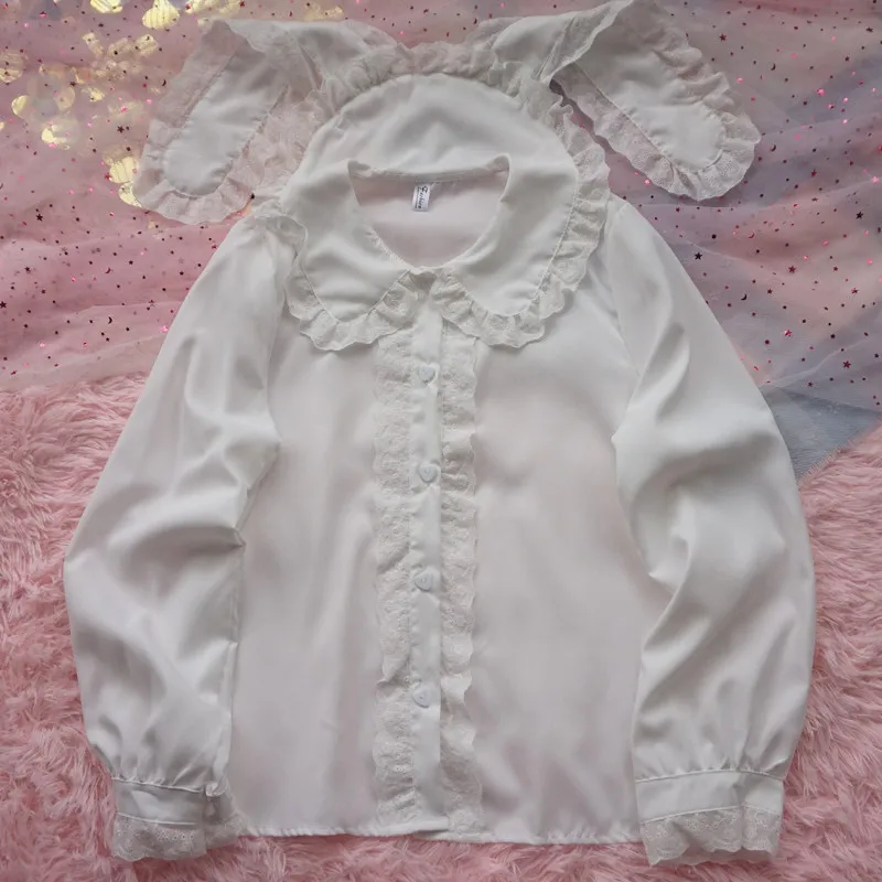 Japanese Spring Summer Students Long/short Sleeve Shirts Cute Rabbit Ears Elegant Single-breasted Loose Women Blouses Lolita Top