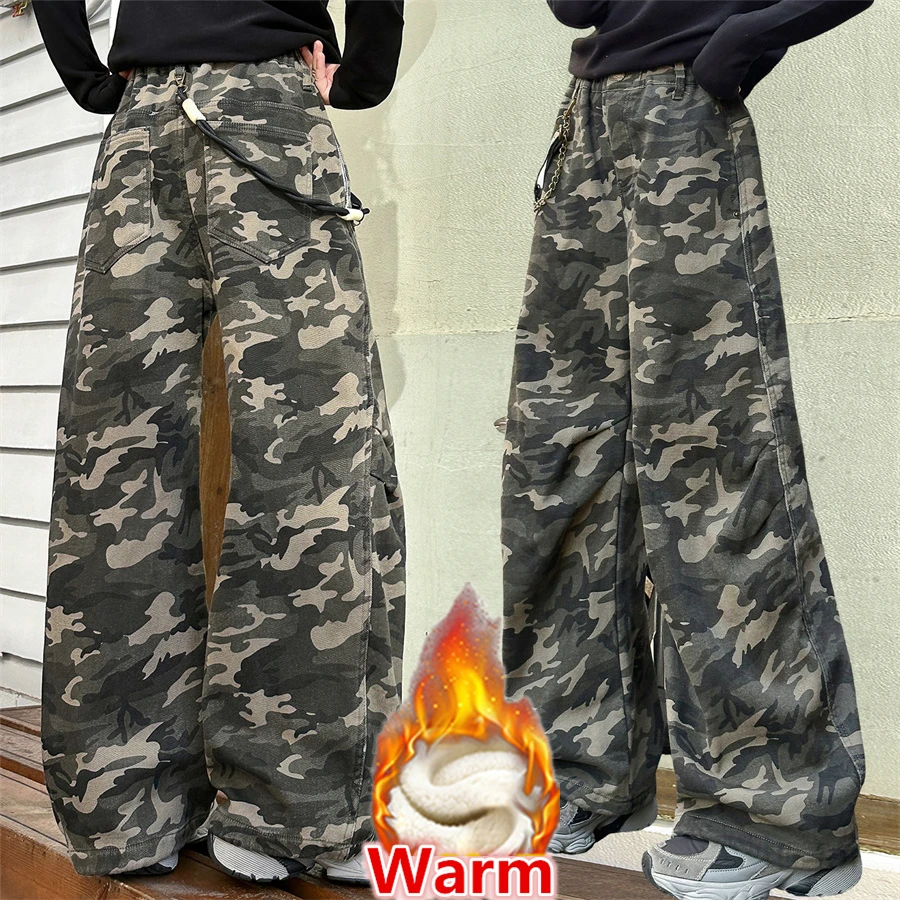 

Kids Girl Winter Vintage Camouflage Fashion Washed Casual Wide Leg Warm Pants Children Insulated Camo Trousers Hiking Trackpants
