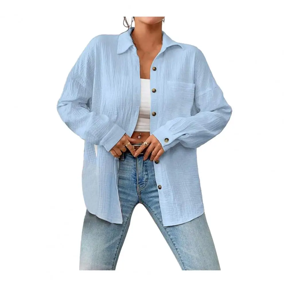 Women Top Stylish Women's Button Down Shirt with Lapel Collar Patch Pocket Solid Color Loose Fit Blouse for Work Leisure Daily