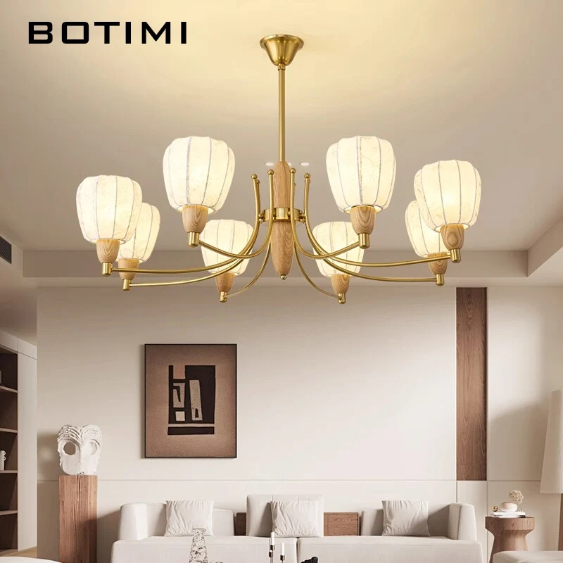 BOTIMI Home DECO Natural Wood Chandelier With Cloth Lampshades For Foyer Designer Solid Wood Bedroom