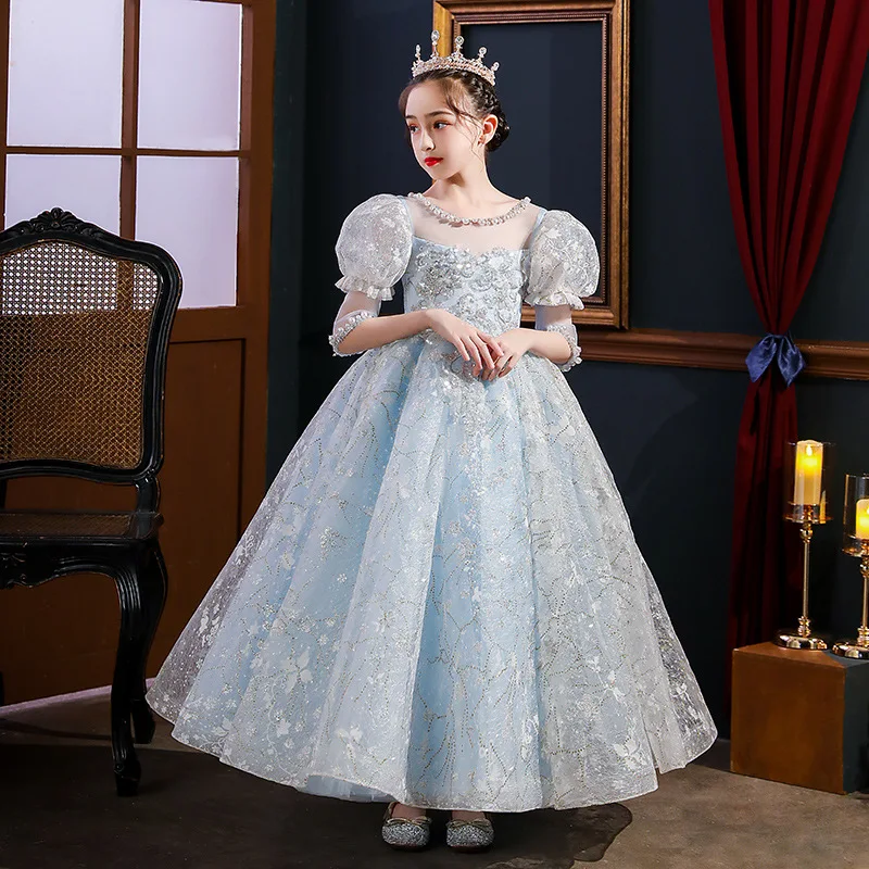 Elegant Princess Dress For Girls Ankle-Length Sequins Blue Lace Bridesmaid Evening Prom Kids Dresses Wedding Party Costumes