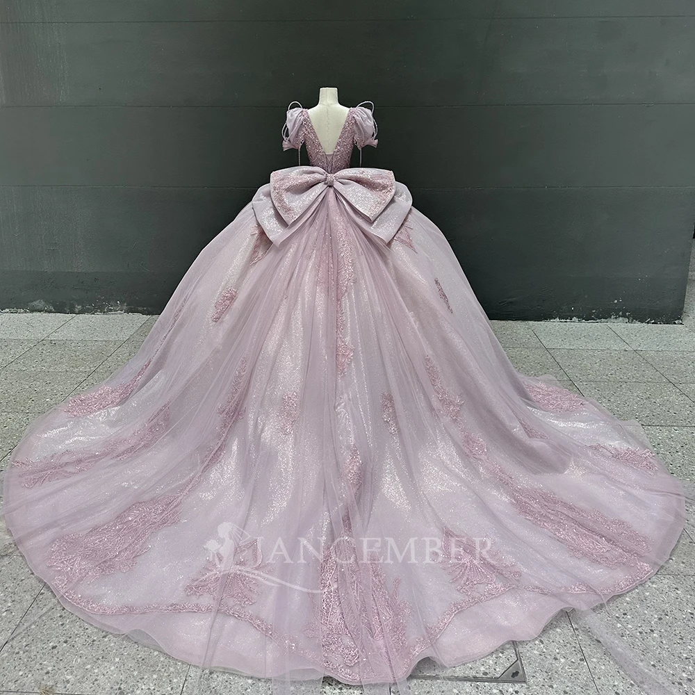 Purple Shiny Quinceanera Dresses Ball Gown Short Sleeves Customized With Bow Lace Flower Tull Corset vestidos de 15 quinceañera
