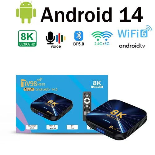 Imagen 1 del producto TV98 H618 Android 14 Smart TV Box Allwinner H618 compatible con 4G 5G Dual Wifi6 HD 8K 4K 4G 64G reproductor multimedia TV Box decodificador de voz