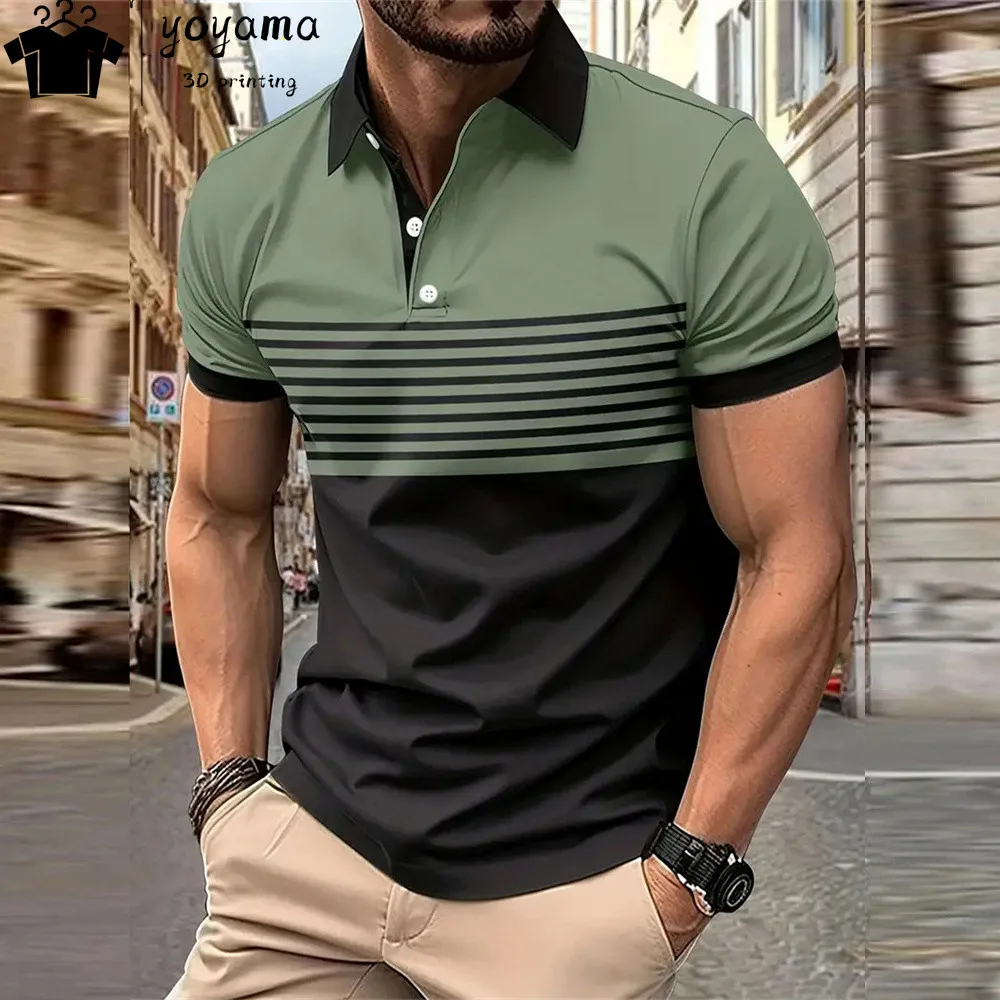 

Men's summer short sleeved lapel 3D digital printed striped polo shirt with fake pocket buckle men's business casual shirt tops