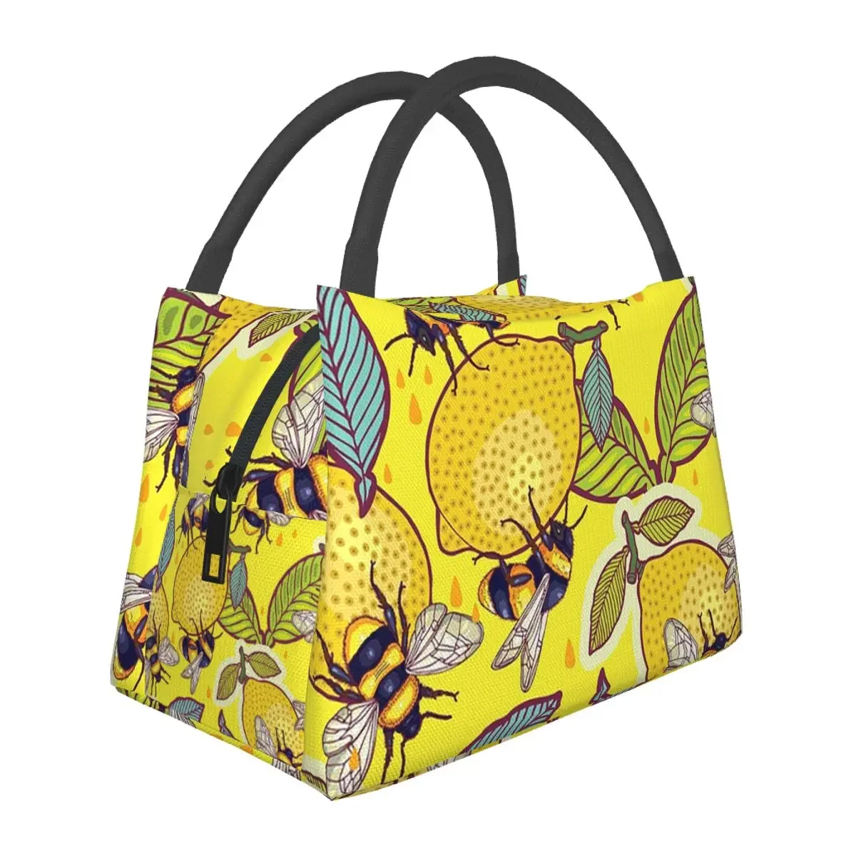 Yellow Lemon And Bee Garden Lunch Bags Insulated Bento Box Waterproof Lunch Tote Picnic Bags Cooler Thermal Bag for Woman Kids