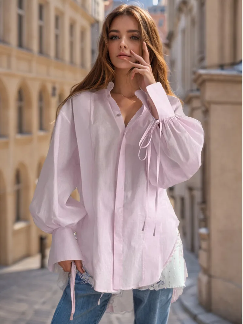 

Loose Pink Cotton Women Shirts Casual Lapel Long Sleeve Blouse Elegant Classic Lace-Up Top Female Clothing Designer Shirt MQZ8