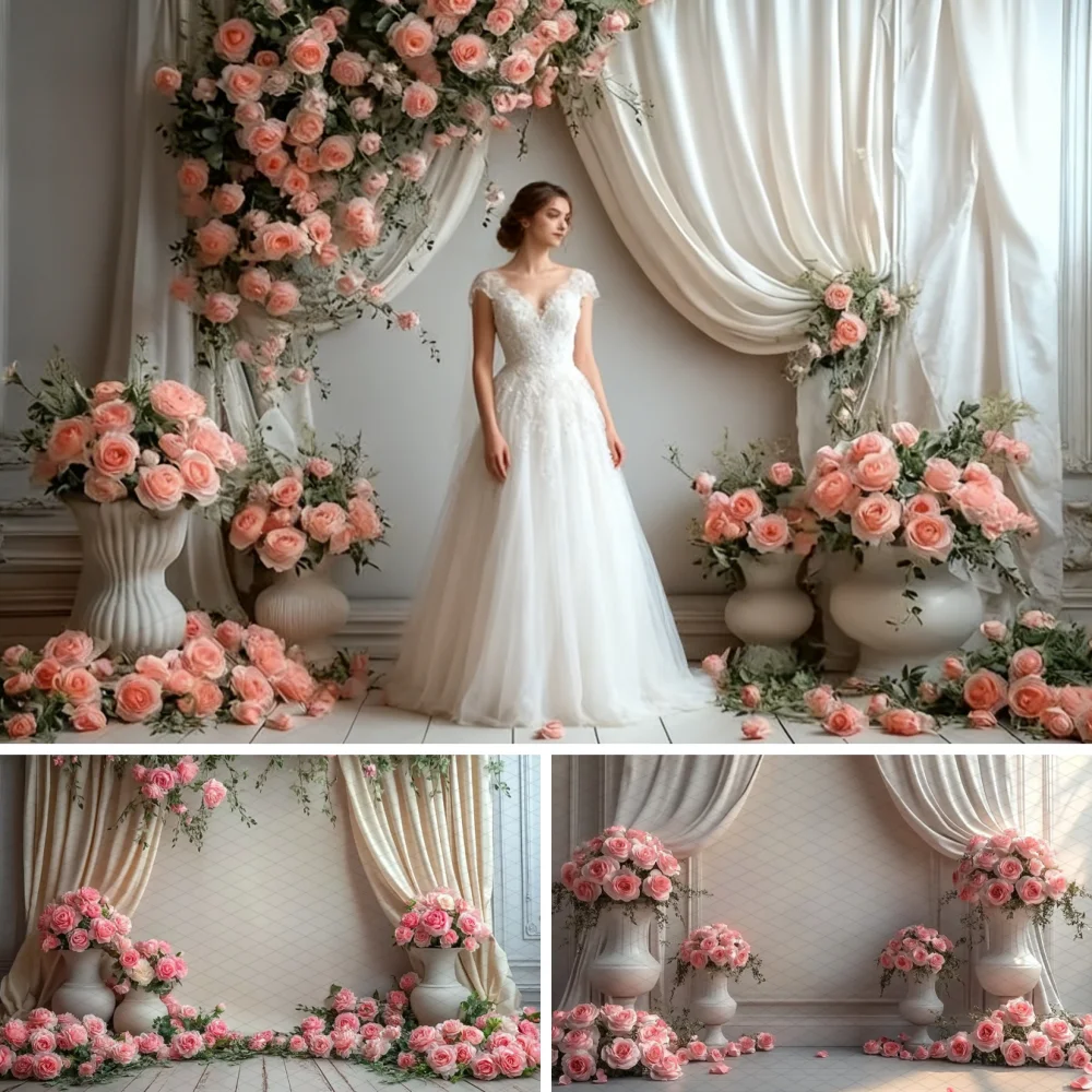 Spring Photo Backdrop Wedding Pink Rose Flowers Home Wallpaper Decoration Girl Valentine's Day Background Photo Studio Banner