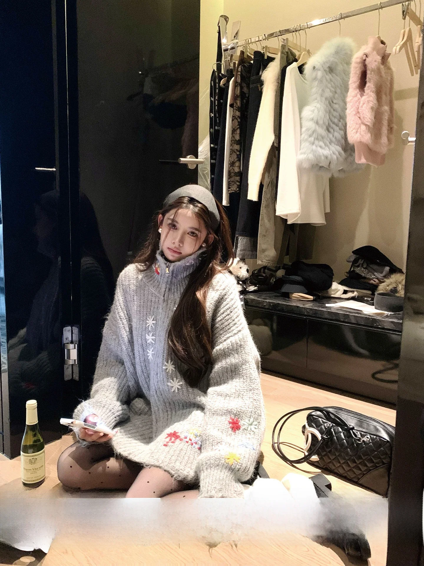 

Okaaay Misty Candy Heavy Embroidery Knit Sweater Loose High Collar Open Cardigan Women's Loose Style Long Sleeve Winter Fashion
