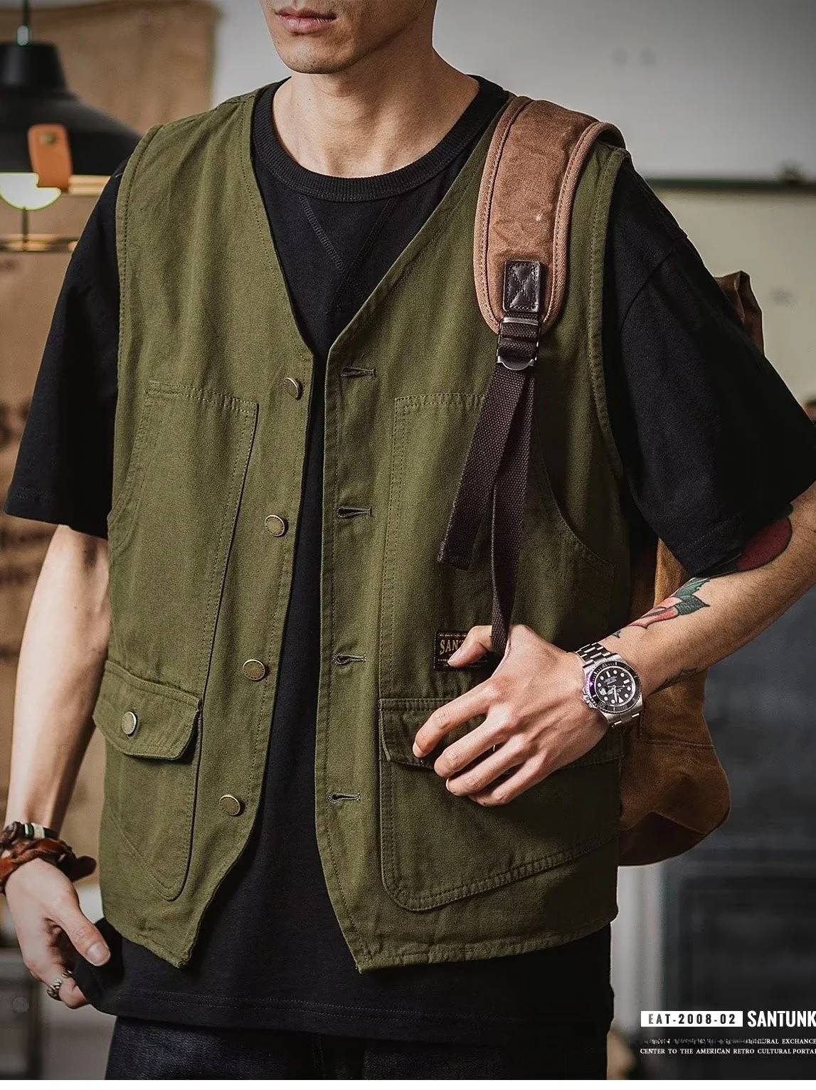 Chaleco de Algodón Estilo Americano Vintage para Hombre, Chaqueta Informal de Trabajo con Múltiples Bolsillos, Corte Holgado,...