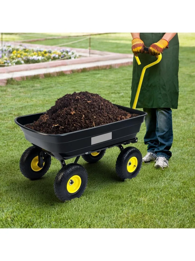 W_Garden Dump Cart, Heavy-Duty Utility Wagon with 600 lb Capacity, 4 Cu Ft Bed, 10" Pneumatic Tires, 180° Pivot Steering