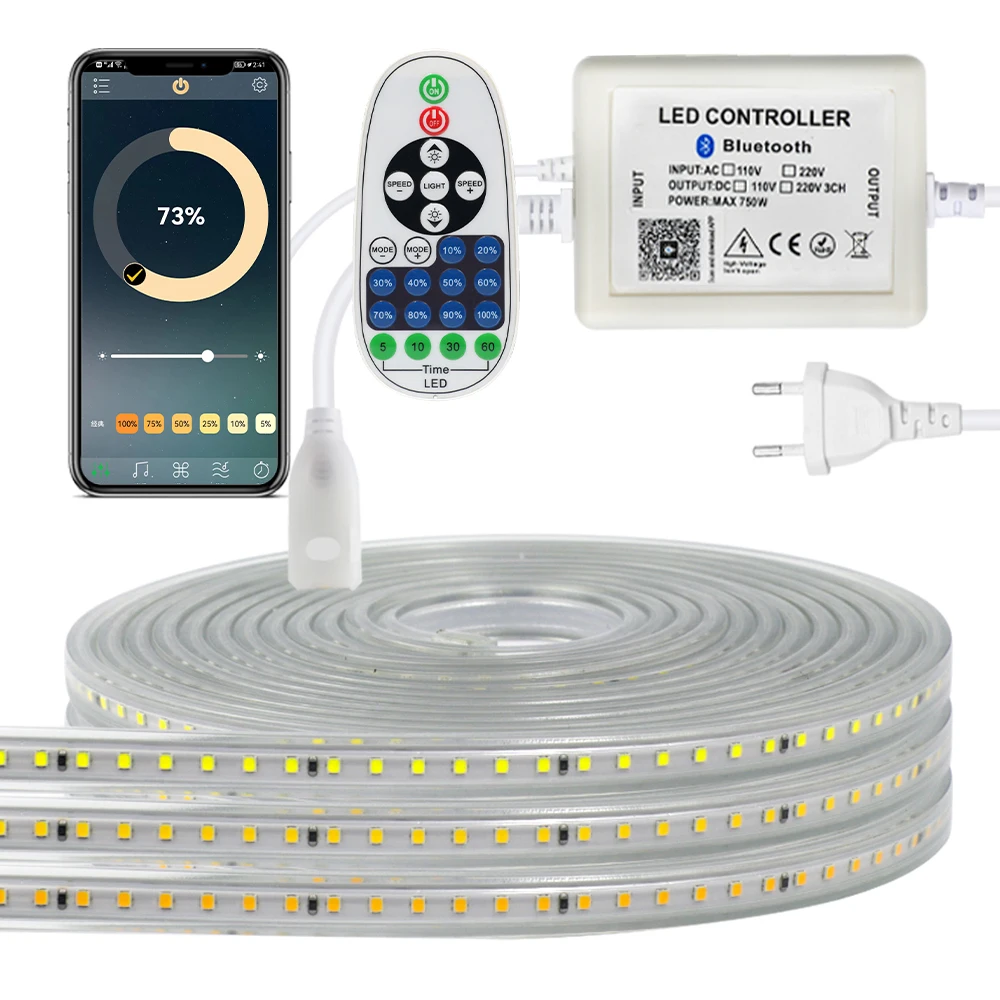 

220V LED Strip Light High Brightness 120LEDs/m Bluetooth APP Remote Dimmable 2835 Led Strip 3000-6500K Blue Waterproof Led Tape