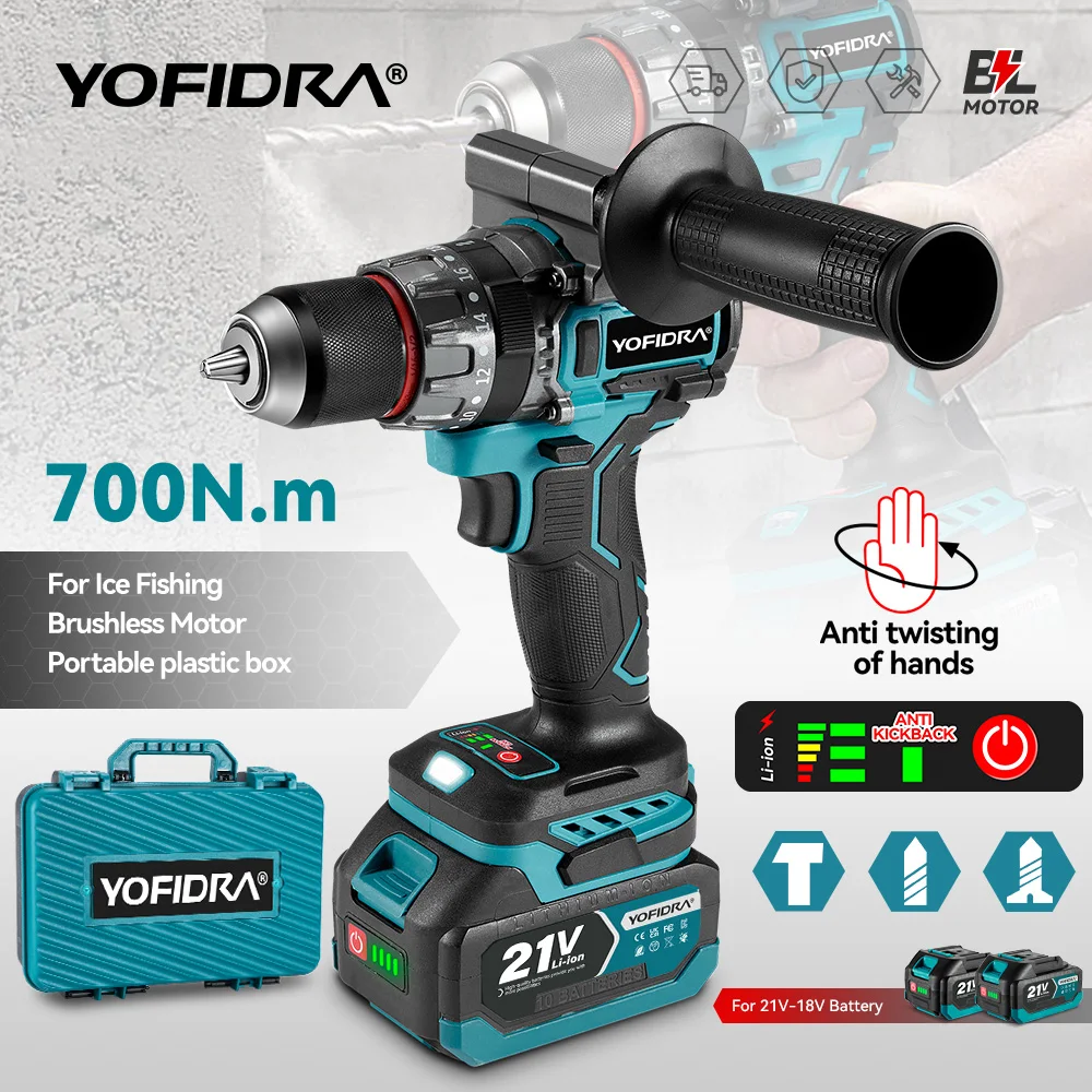 YOFIDRA 700N.m Bürstenloser Elektro-Schlagbohrschrauber 13mm Akku-Schrauber DIY Eisbrecher-Elektrowerkzeug für Makita 21V Akku