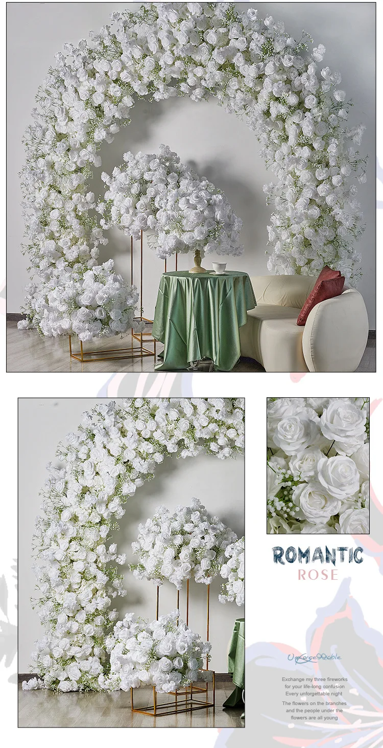 2,4 m U-förmiger Hochzeitsbogen mit künstlichen weißen Rosen, Schleierkraut und Hortensien, Blumenarrangement, Eisenrahmen, Hintergrund für Events und Partys – Detail 4