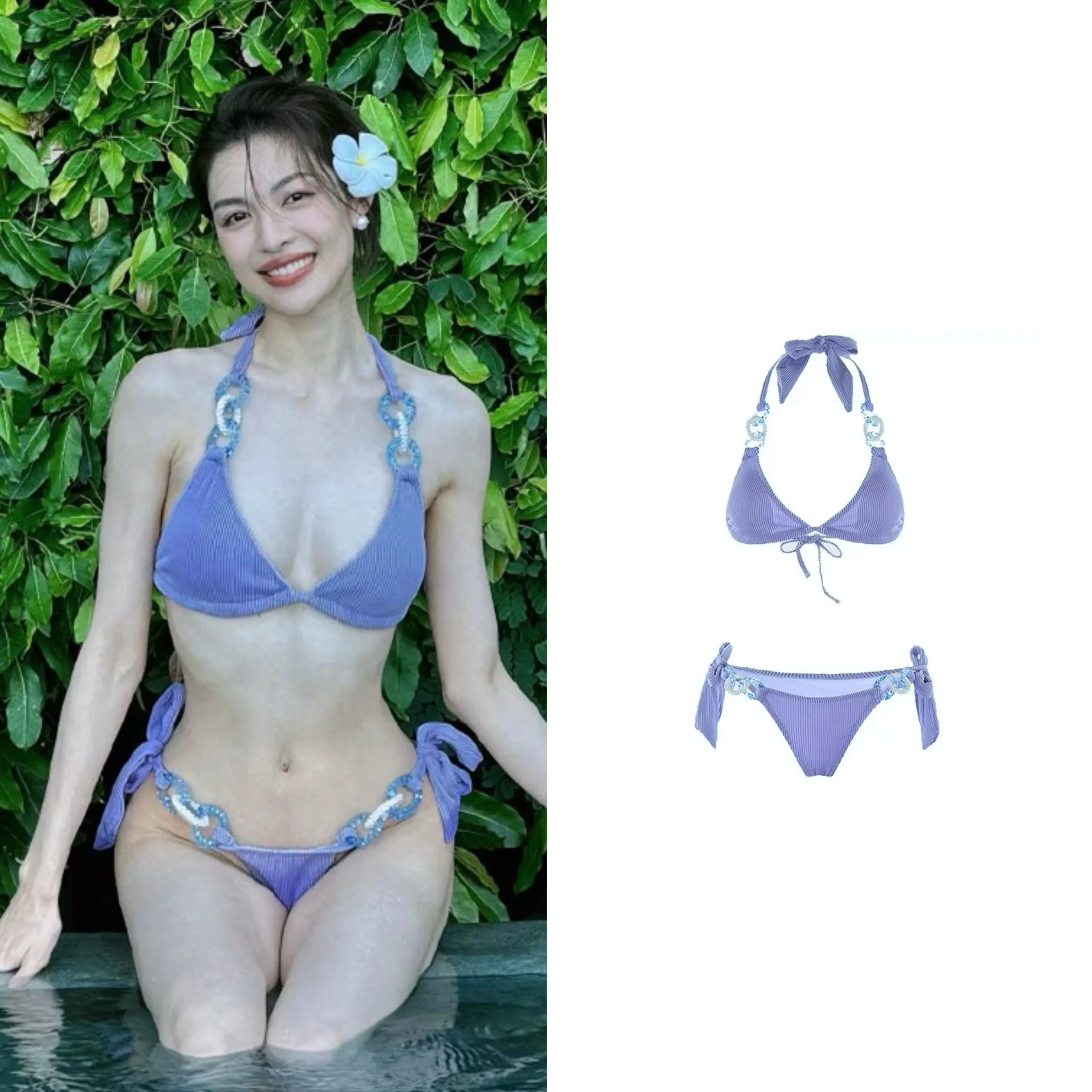 

Ретро-купальник-бикини в стиле Чу Си, фиолетовый, женский, белый, с эффектом увеличения объема, сексуальный, для отпуска, для онсена, из нейлона