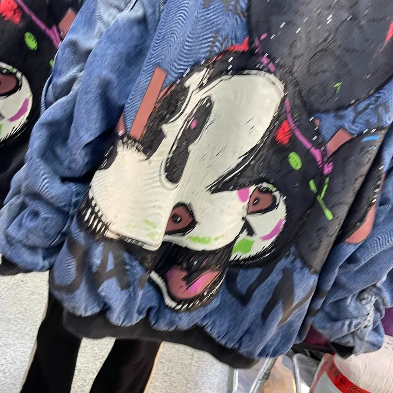 2025 Autunno Nuovo Allentato di Media Lunghezza Felpe Industria Pesante Cartoon Design Lavato Vintage Felpa Giacca a maniche lunghe Cappotto con cerniera
