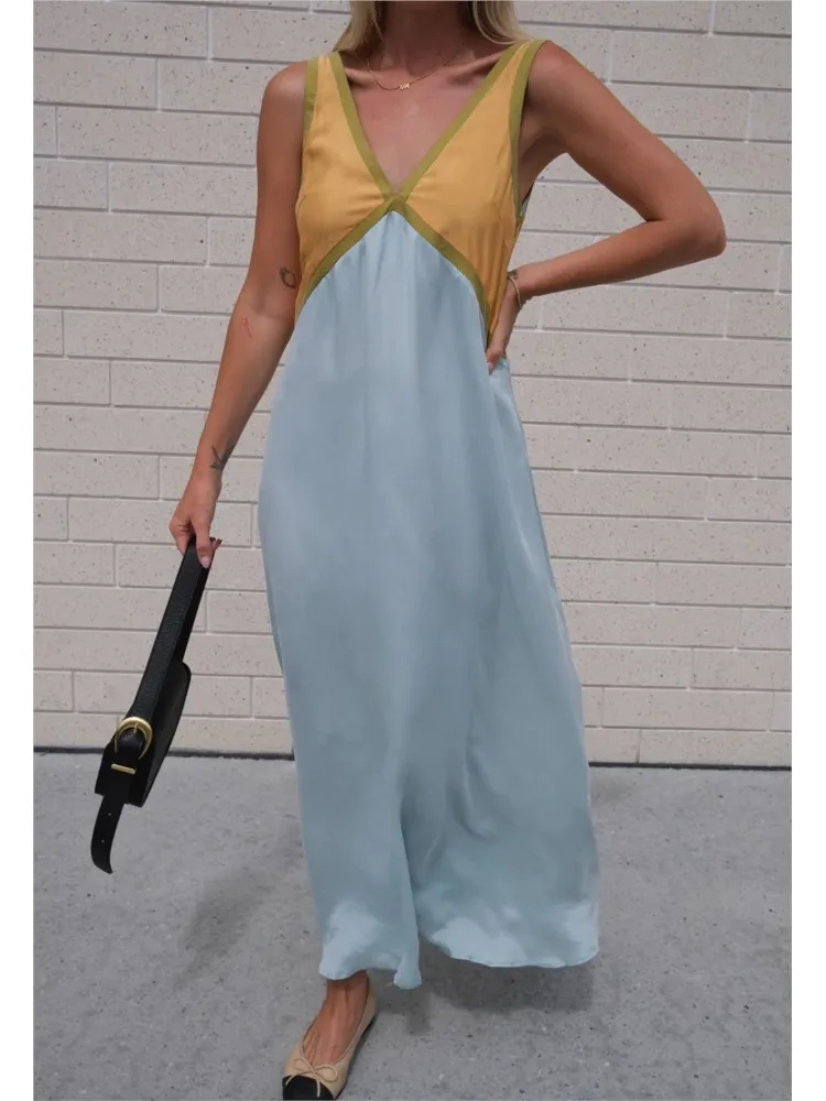 

Summer New Boho Beach Dresses Casual Sleeveless Patchwork Long Dress Elegant Ladies Party Sundress Women V Neck Maxi Dress