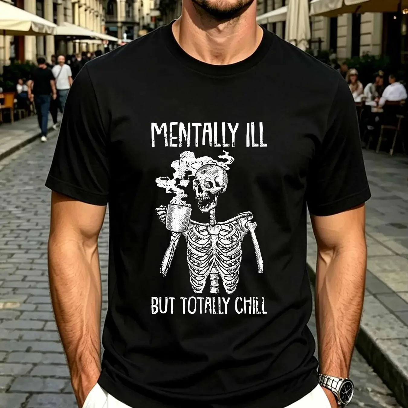 washed T Shirt Mentally Ill But Totally Chill Halloween Costume Skeleton long or short sleeves vintage Washed Comfortable