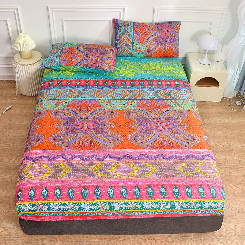 Boho Fitted Sheet with 2 Pillowcase Microfiber Bohemian Floral Deep Pocket Bed Sheet Set Twin Tribal Geometric Striped Bed Cover