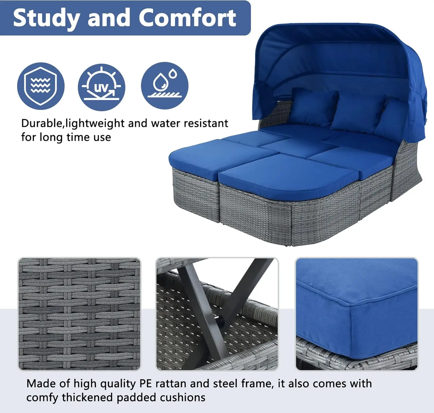 Patio Furniture Set Daybed with Lift-top Table & Retractable Canopy, Wicker Rattan Outdoor Conversation Set w/Upholstered