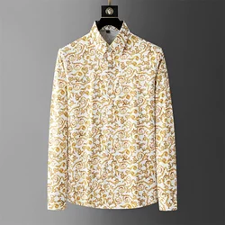 Aautumn Luxury Golden Flower Shirt for Men Fashion Long Sleeved Casual Business Dress Shirts Slim Fit Social Party Tuxedo Blouse