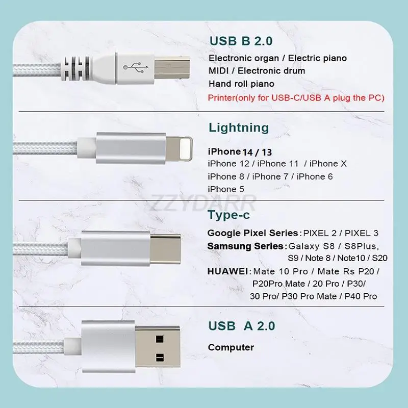 3 in 1 Midi Cable USB C/USB A/Lightning to USB B Piano Cable OTG Compatible with HP Canon Brother Yamaha Piano MIDI Controller