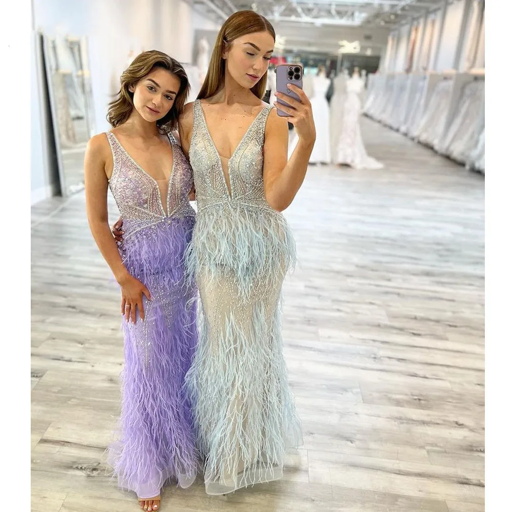 Beading Feathers Evening Dress Long Luxury Dubai Crystal Prom Gowns Arabic Women Elegant Sleeveless Wedding Formal Party