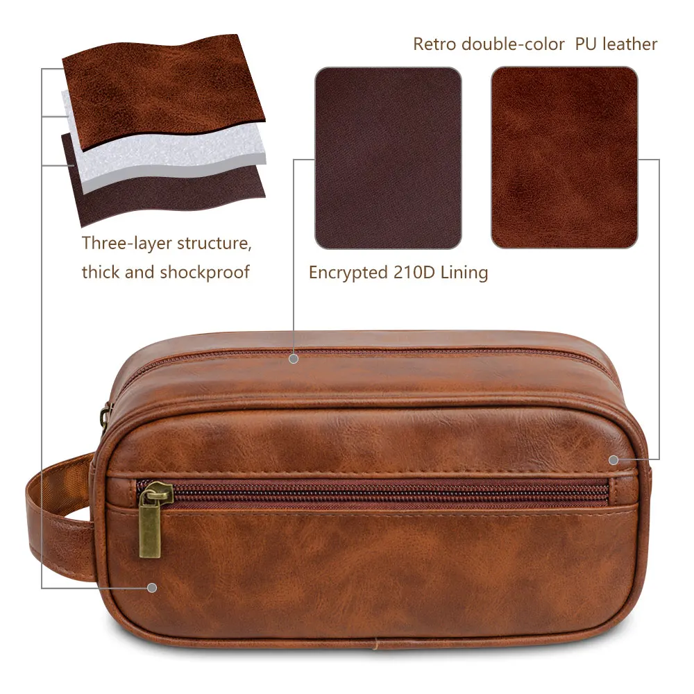 Men Leather Wash Bag Travel Business Trips Portable Cosmetic Bag Large Capacity Multi Pocket Design Handheld Leather Wash Bag