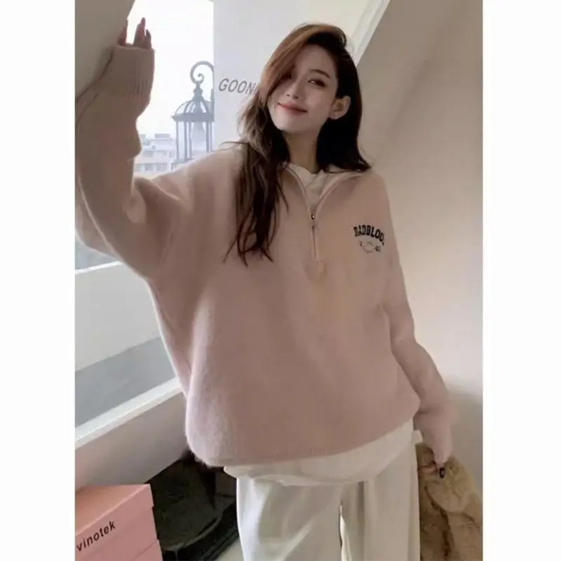 Korean sweater women\'s lazy style embroidered autumn and winter new 2024 half zipper thickened loose slimming sweater y2k tops