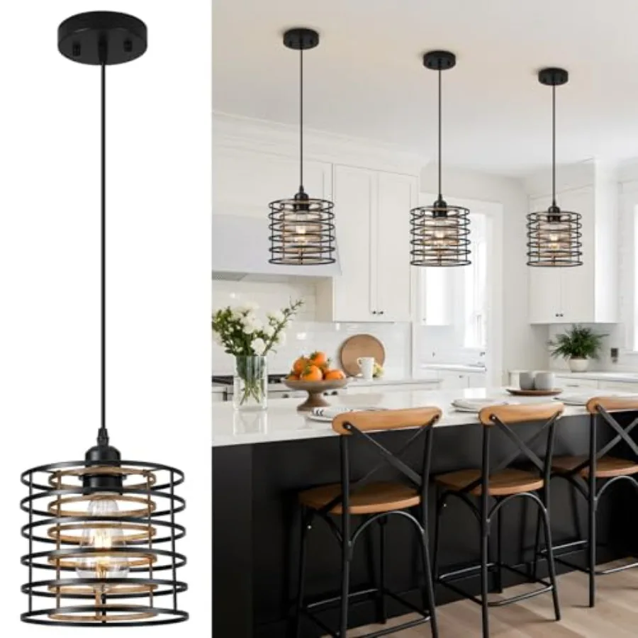 

Farmhouse Pendant Lights Kitchen Island Kitchen Hanging Light Fixtures Wood Grain Cage Metal Lighting for Dining Room Bedroom B