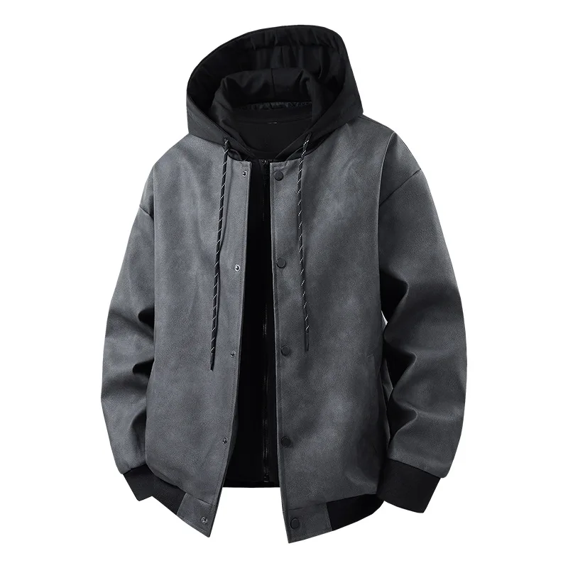 Autumn Man Leather Jacket Fashion Patchwork Single-breasted Male Hooded Coat Loose Long Sleeve Men Fake Two-piece Outerwear