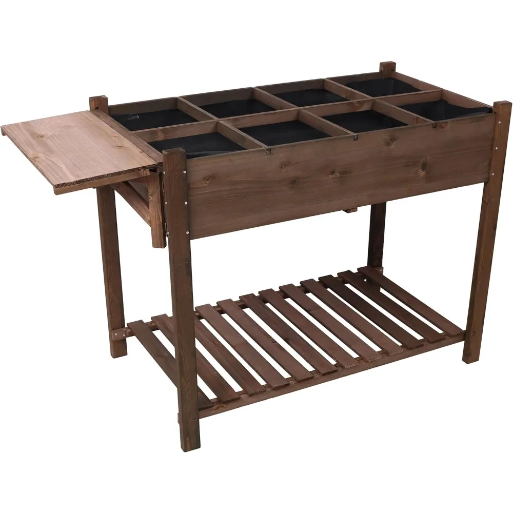 

espidoo Raised Garden Bed with Table: Rustic Wood Planter Box with 8 Planting Pockets, Foldable Side Table & Storage Shelf for V