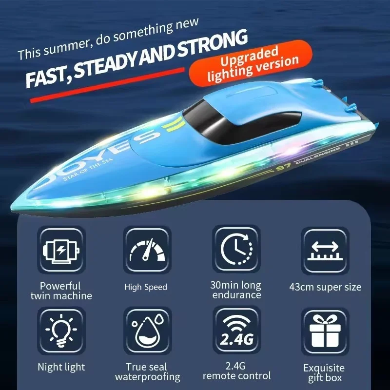 Barco lancha motora RC de alta velocidad, reinicio de tamaño grande de 30 KM/H, iluminación LED de 2,4G, advertencia de baja potencia, barco de Control remoto impermeable, juguete para niños